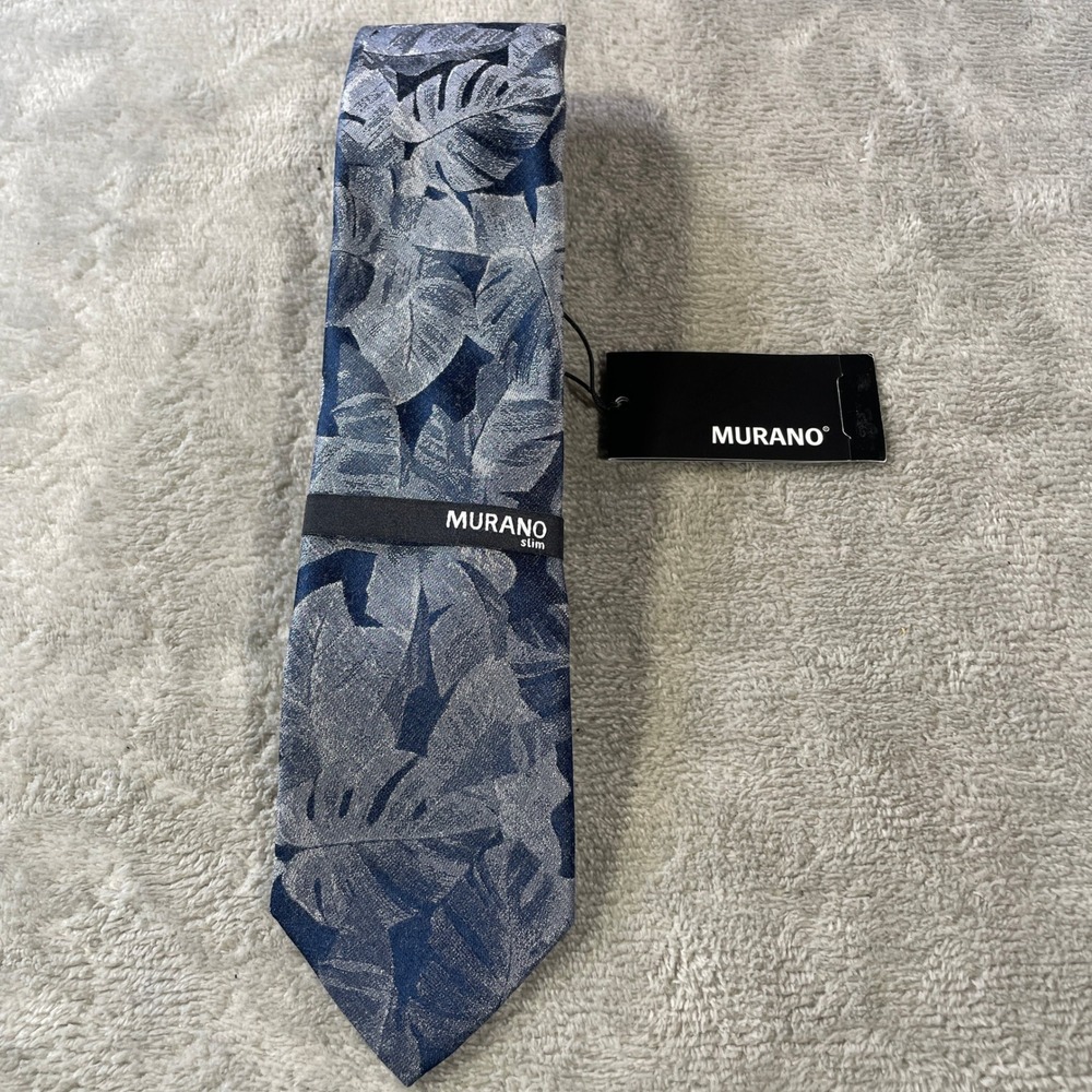 Murano Slim Necktie Tie Blue Silver Tropical Leaf Silk Hand‎ Finished Office